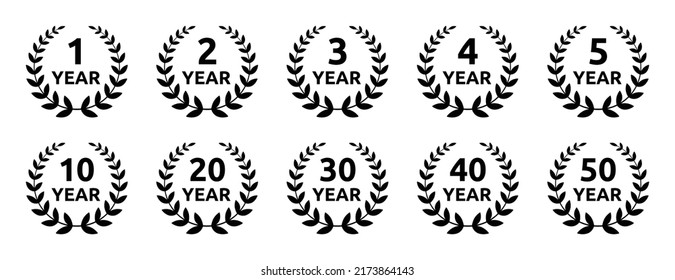 Anniversary 1, 2, 3, 4, 5, 10, 20, 30, 40, 50 years in laurel wreath vector icon illustration.