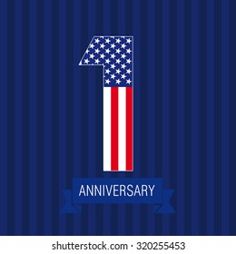 Anniversary 1 US flag logo. Template of celebrating icon of 1 st place as American flag. USA numbers in traditional style on striped abstract blue background. United States figures.