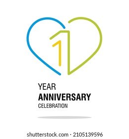 Anniversary 1 year decoration number one bounded by a loving heart colorful modern love line design logo icon white isolated vector illustration