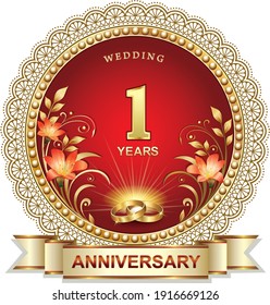 Anniversary 1 year, wedding card with golden numbers and rings in round frame with beads on red background with beautiful lilies. Vector illustration