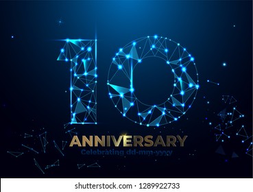 Anniversary 10. Geometric polygonal Anniversary greeting banner. gold 3d numbers. Poster template for Celebrating 10th anniversary event party. Vector illustration
