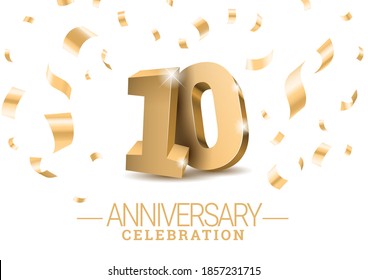 Anniversary 10. gold 3d dancing numbers. Poster template for Celebrating 10th anniversary event party. Vector illustration