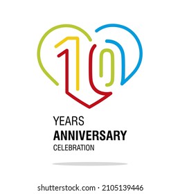 Anniversary 10 years decoration number ten bounded by a loving heart colorful modern love line design logo icon white isolated vector illustration