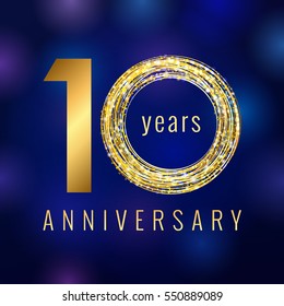 Anniversary 10 years number golden vector logo. Birthday greeting card with shining holiday icon on the blue abstract background. Business success stock sign. Celebration event symbol. svg