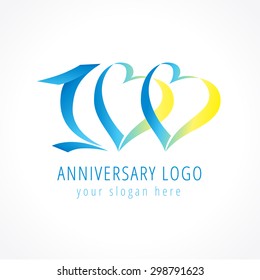 Anniversary 100 years old hearts celebrating vector digit logo. Birthday greetings with framed tape heart shape. Holiday abstract numbers or letter o. Lovely card with celebrating figures 100 th.