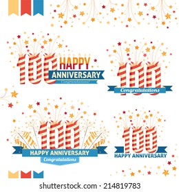 Anniversary 100th emblems with fireworks numbers, sparklers and ribbons with congratulations. 