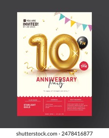 Anniversary 10th invitation card vector template. 10th anniversary party celebration with number ten metallic gold balloons for invitation card template. Vector illustration anniversary card design.
