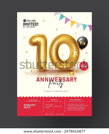 Anniversary 10th invitation card vector template. 10th anniversary party celebration with number ten metallic gold balloons for invitation card template. Vector illustration anniversary card design.
