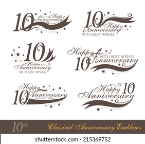 Anniversary 10th signs collection in classic style. Template of wedding, birthday and jubilee celebration emblems with numbers and copy space on the ribbons.