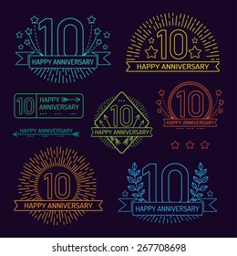 Anniversary 10th signs collection in outline style. Celebration labels with sunburst elements. 