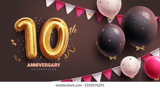 Anniversary 10th year vector design. Happy 1oth anniversary text  in empty space with metallic gold balloon elements. Vector illustration invitation card in elegant background.