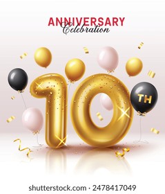 Anniversary 10th year vector design. Happy anniversary greeting with 10 number gold metallic balloons elements decoration for celebration invitation card design. Vector illustration anniversary card 