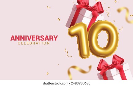 Anniversary 10th years vector design. Happy anniversary celebration with gold, shiny and glossy number 10 balloons and gift box elements. Vector illustration tenth years celebration.  
