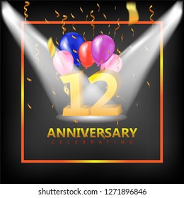Anniversary 12 gold 3d numbers light room studio balloon  - Template illustration fot celebrating . logotype for booklet, cover, flyer poster