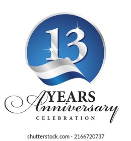 Anniversary 13 years celebration logo silver white blue ribbon background