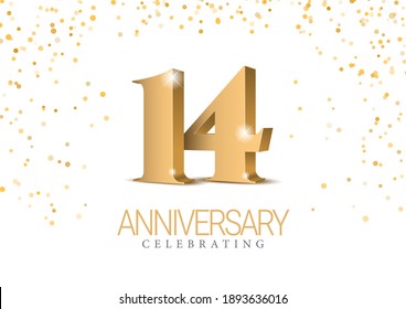 Anniversary 14. gold 3d numbers. Poster template for Celebrating 14th anniversary event party. Vector illustration