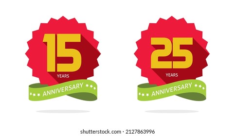 Aniversario 15 y 25 años celebran medalla vectorial del logo o aniversario del aniversario número 15 y 25 de la prima icono conjunto de símbolos de eventos modernos planos rojos y verdes, banner de fecha del partido de negocios