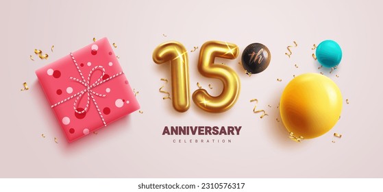 Anniversary 15th celebration vector design. Happy 15th anniversary text with number fifteen metallic gold balloon and gift box elements. Vector illustration greeting card background. 