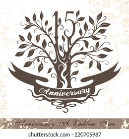 Anniversary 15th emblem tree in classic style. Ornamental decoration with copy space on the ribbon. Vector template for wedding, birthday and jubilee celebration 