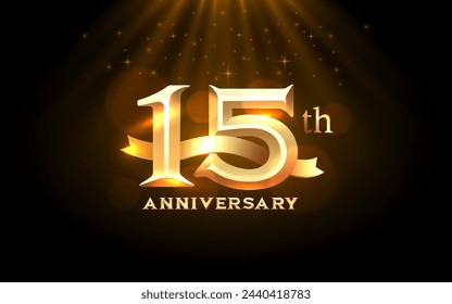 Anniversary 15th year, golden celebration, birthday event. Vector illustration