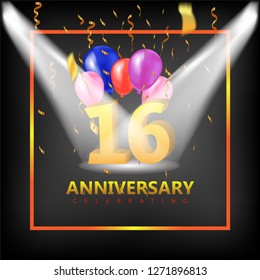 Anniversary 16 gold 3d numbers light room studio balloon  - Template illustration fot celebrating . logotype for booklet, cover, flyer poster