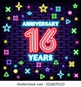 Anniversary 16 years Neon Sign Vector. On brick wall background. Light art. Design element. Vector Illustration