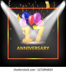 Anniversary 17 gold 3d numbers light room studio balloon  - Template illustration fot celebrating . logotype for booklet, cover, flyer poster