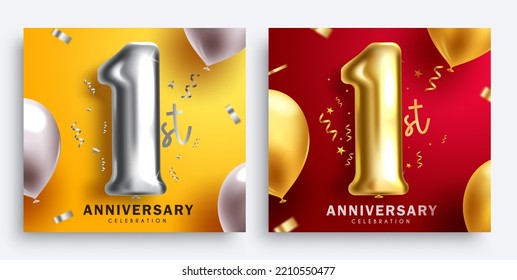 Anniversary 1st vector poster set design. Happy first anniversary  greeting card collection with 1 inflatable balloon elements for background decoration. Vector Illustration.