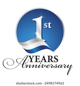 Anniversary 1st year celebrating logo silver white blue ribbon background