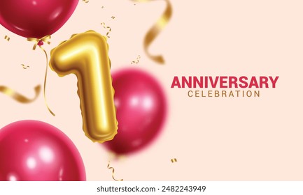 Anniversary 1st year vector design. First year anniversary celebration with number 1 gold, shiny, glossy and red balloons for party occasion background. Vector illustration party celebration design. 
