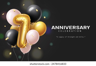 Anniversary 1st year vector template design. 1st year anniversary celebration with one gold metallic balloon and bunch of glossy balloons floating elements for elegant invitation card design. Vector 