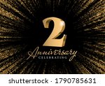 Anniversary 2. gold 3d numbers. Against the backdrop of a stylish flash of gold sparkling from the center on a black background. Poster template for Celebrating 2th anniversary event party. Vector