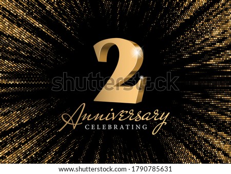 Anniversary 2. gold 3d numbers. Against the backdrop of a stylish flash of gold sparkling from the center on a black background. Poster template for Celebrating 2th anniversary event party. Vector