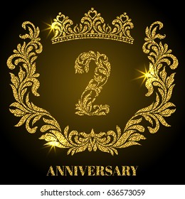 Anniversary of 2 years. Digits, frame and crown made in swirls and floral elements with gold glitter and sparkle
