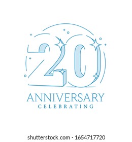 Anniversary 20. 3d number twenty with sparkles. In line art style. 20th anniversary poster template. Solemn figure for presentation. Vector illustration