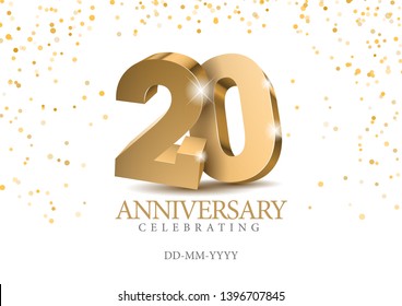 Anniversary 20. gold 3d numbers. Poster template for Celebrating 20th anniversary event party. Vector illustration