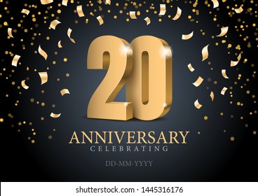 Anniversary 20. gold 3d numbers. Poster template for Celebrating 20th anniversary event party. Vector illustration