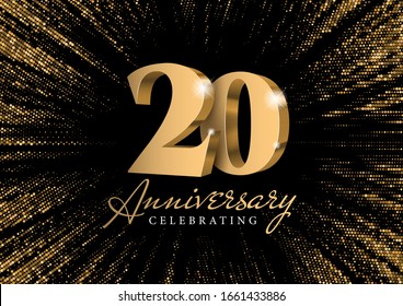 Anniversary 20. gold 3d numbers. Against the backdrop of a stylish flash of gold sparkling from the center on a black background. Poster template for Celebrating 20th anniversary event party. Vector