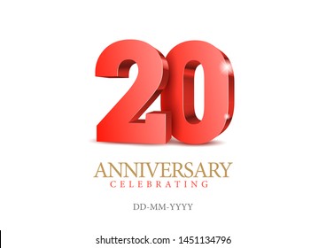 Anniversary 20. red 3d numbers. Poster template for Celebrating 20th anniversary event party. Vector illustration