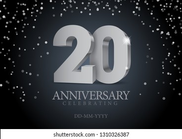 Anniversary 20. silver 3d numbers. Poster template for Celebrating 20th anniversary event party. Vector illustration