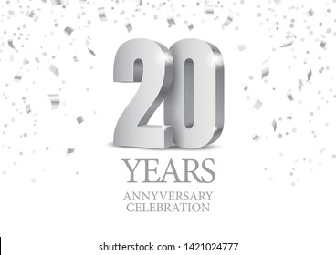 Anniversary 20. silver 3d numbers. Poster template for Celebrating 20th anniversary event party. Vector illustration