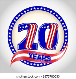 Anniversary 20 US flag logotype. Template of celebrating 20 th. years with American flag. United States greetings or sticker, twelve, two, 0 or letter O.