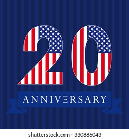 Anniversary 20 US flag logotype. Template of celebrating 20 th. Isolated numbers in traditional style on striped abstract blue background. United States greetings or sticker, twenty, 0 or letter O.