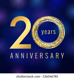 Anniversary 20 years golden vector logo. Birthday greeting card with shining holiday icon on the blue abstract background.