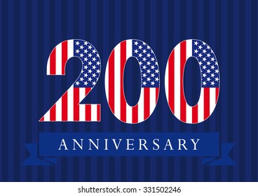 Anniversary 200 US flag logotype. Template of celebrating 200 th. Isolated numbers in traditional style on striped abstract blue background. United States greetings or sticker, ten, one, 0 or letter O