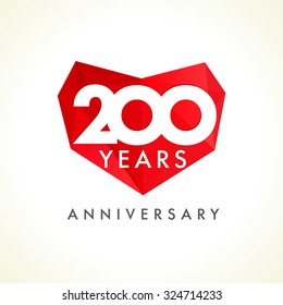 Anniversary 200 years old hearts celebrating vector logo. Birthday greetings, stained-glass frame, heart shape. Lovely stained two hundred fifty celebrating, 200 th. Luxury 20th, 2nd facet idea.