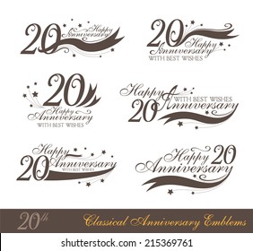 Anniversary 20th signs collection in classic style. Template of birthday celebration and jubilee emblems  with numbers and copy space on the ribbons.