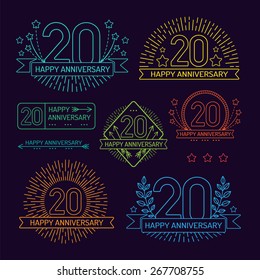 Anniversary 20th signs collection in outline style. Celebration labels with sunburst elements. 