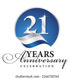 Anniversary 21 years celebration logo silver white blue ribbon background