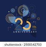 Anniversary 25, celebrating twenty five years,25th anniversary.Elegant card for event with abstract golden fireworks and golden numbers on blue background with geometric pattern.Vector illustration